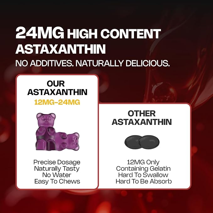 Astaxanthin Gummies, 12mg Per Gummy 24mg Max, Astaxanthin Supplements with Vitamin A/C/D/E, Resveratrol, 14-IN-1 Antioxidants Blend for Women Men, Skin, Eyes, Immune Support, Sugar Free, Vegan, 60 Ct