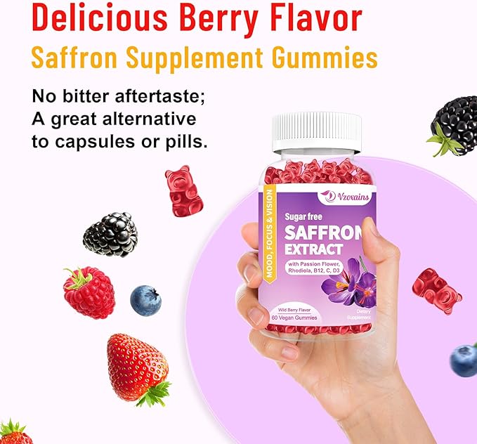 Saffron Gummies, 10 in 1 Saffron Supplements Gummies with Magnesium, Ashwagandha & Rhodiola Rosea, Sugar Free Vegan Mixed Berry Flavor - 60Cts