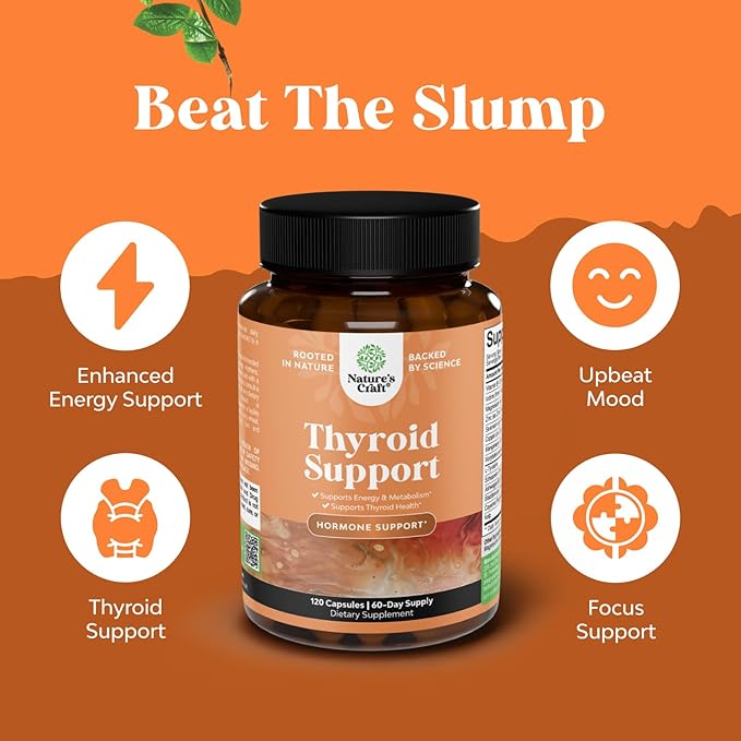 Natures Craft Herbal Thyroid Support Complex - Potent Kelp Iodine Supplement with L Tyrosine, Bladderwrack, Selenium & Pure Ashwagandha for Hormone Balance - Mood & Energy Dietary Pills - 120 Count