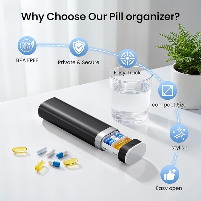 Betife Travel Pill Organizer Weekly 7 Day, Compact Daily Pill Box, Portable Medicine Case, Cute Pill Holder for Vitamins Supplements, Drawer-Shaped Pills Organizer (Black)