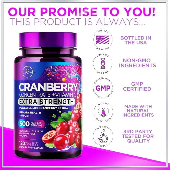 Cranberry Extract 500mg Per Serving Supplement Pills - 3X Strength Concentrated Whole Fruit Cranberry with Vitamin C, Triple Strength for Cleanse & Urinary Tract Health Support - 120 Capsules