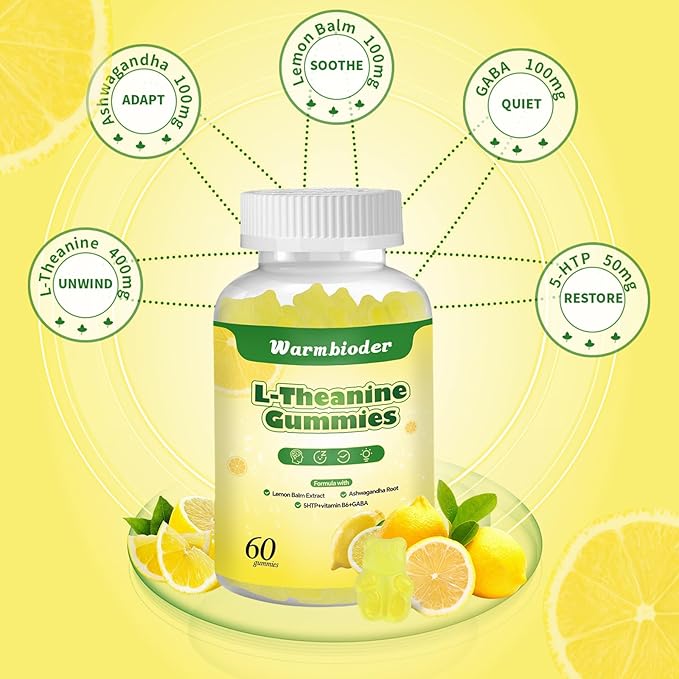 L-Theanine Gummies for Kids & Adults, l'theanine 400mg with Ashwagandha, GABA, 5HTP,L-Theanine Chewable Supplement for Relax, Zzz & Focus Support,Lemon Flavor
