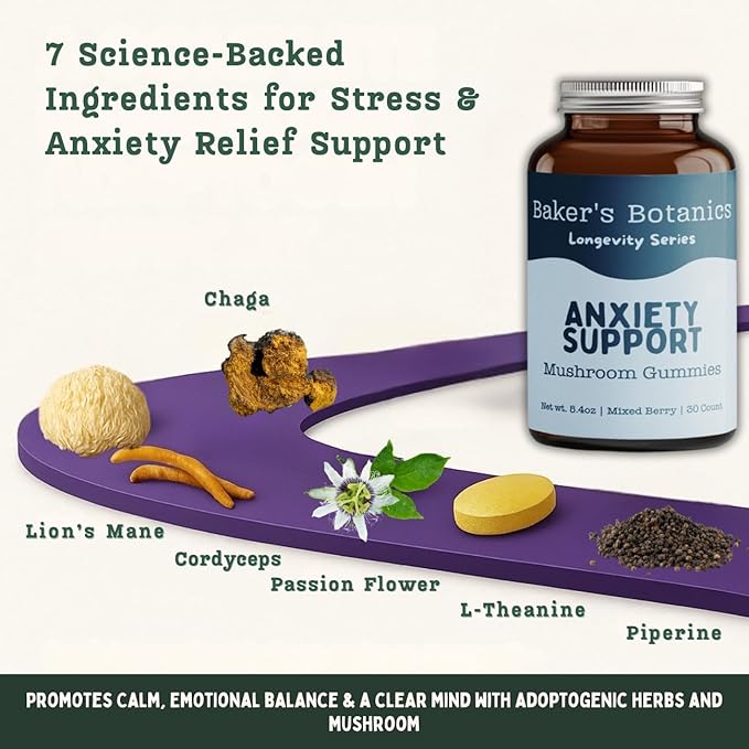 Baker's Botanics Adaptogenic Anxiety Support Mushroom Gummies - Botanicals Blend | Mixed Berry Flavor | Vegan, Gluten-Free, Non-GMO Supplement