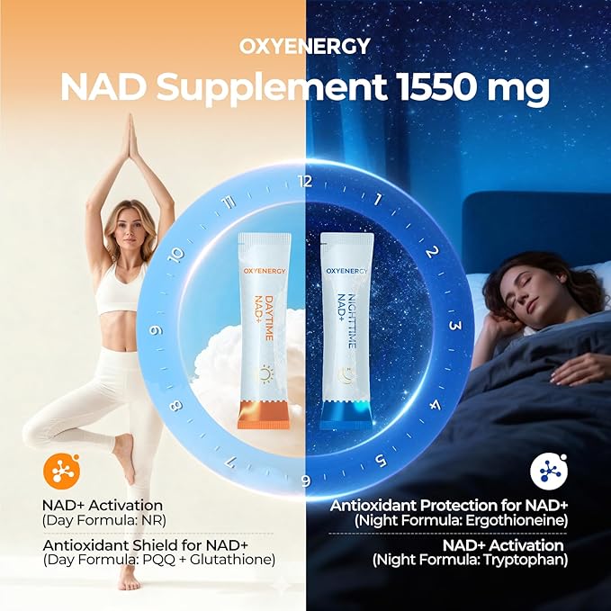 OxyEnergy NAD Supplement 1550 mg-Daytime Nicotinamide Riboside + Nighttime L-Tryptophan with Resveratrol, Glutathione, PQQ, 24-Hour Nonstop Energy, Anti-Aging & Cellular Renewal, 28 Packets