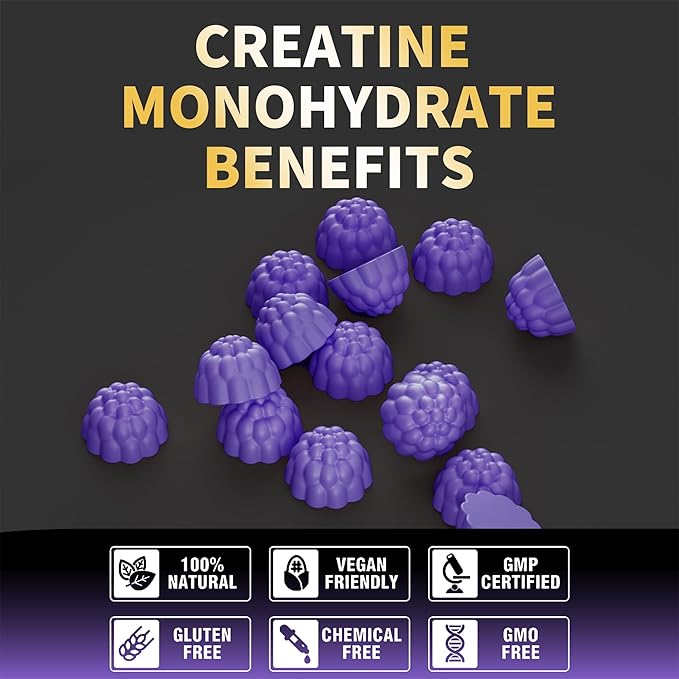 Nutravita Creatine Monohydrate Gummies for Men & Women-5g of Creatine Monohydrate per Serving - Sugar Free,Vegan, Grapes Flavor, 120 Count