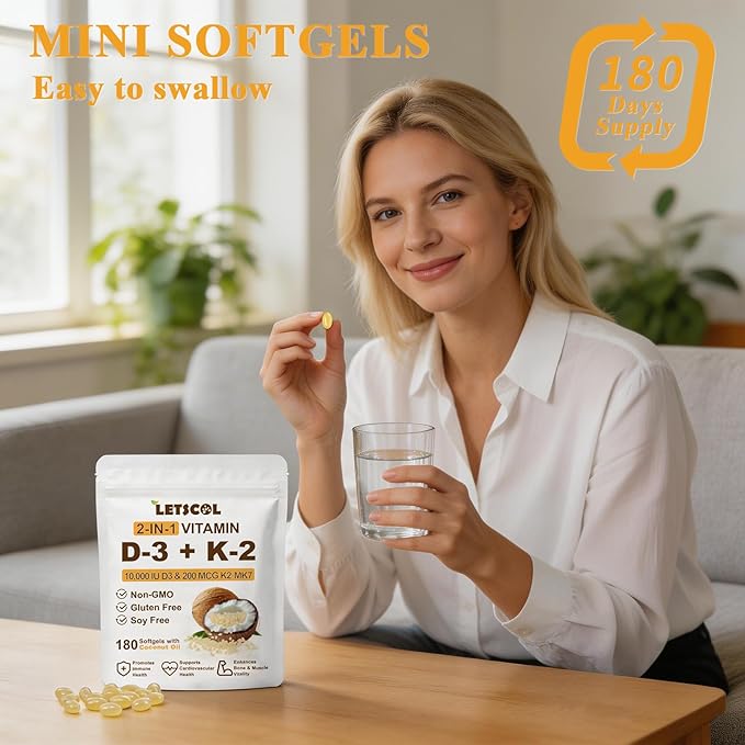 2-in-1 Vitamin D3 K2 Supplement Softgel, Vitamin D3 10000 IU and Vitamin K2 200 mcg, K2 MK7 with D3 Vitamin Supplement Support Immune, Heart, Joint, Teeth & Bone Health