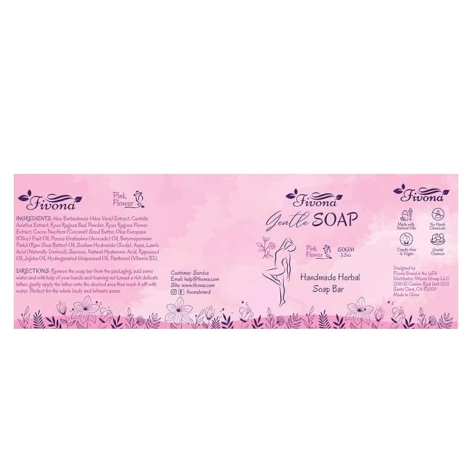 FIVONA Set of 5 Gentle Pink Yoni Herbal Soap Bars Ideal for Feminine Wash and Whole Body Cleanse Infused with Natural Ingredients - 5x 5.3 oz - Includes Exfoliating Scrubber Foaming Net