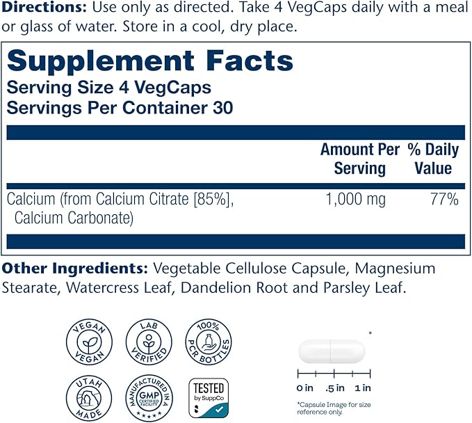 Solaray Calcium Citrate 1000mg - Chelated Calcium Supplement - Supports Bone Strength and Healthy Teeth - Easy to Digest - 60-Day Guarantee, Vegan - 30 Servings, 120 VegCaps