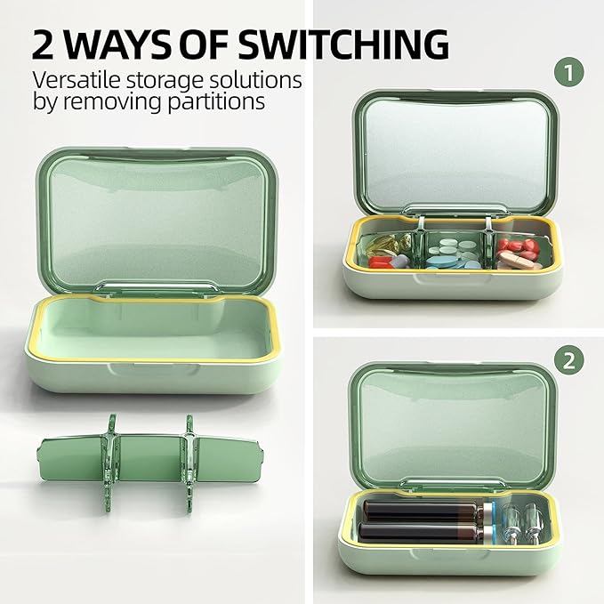 Portable Pill Box, Pill Organizer with 6 Compartments, Daily Medicine Pill Case, Pocket Size Pill Box for Travel, BPA Free Small Pill Container for Vitamins, Fish Oil, Supplements (Green)