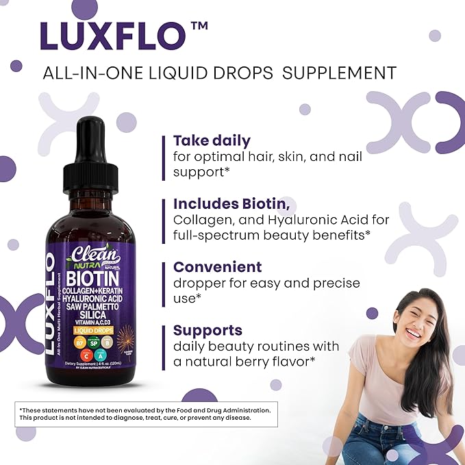 Biotin Liquid Drops Collagen Keratin Hyaluronic Acid Saw Palmetto for Hair Skin and Nails Silica Vitamin A C Vitamin D Bamboo Turmeric Zinc Folate Magnesium Horsetail LuxGlo By Clean Nutra - 2Pack