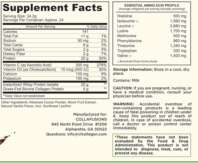 24 Servings, 20g Whey Protein Isolate, 5g Collagen Peptides, Vitamin C & D, Health, Beauty, Recovery, Chocolate