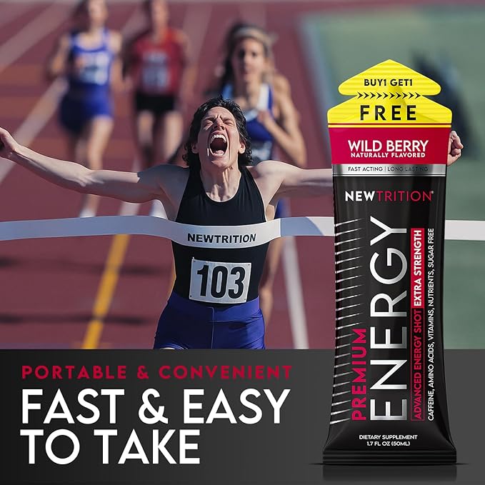 NewTrition® Extra Strength Energy Shots, 1.7 fl oz - 250mg Caffeine with Vitamin B & Amino Acids, Sugar-Free, Zero Calorie Vitamin Energy Drink for Focus & Endurance (Pack of 6, Wild Berry)