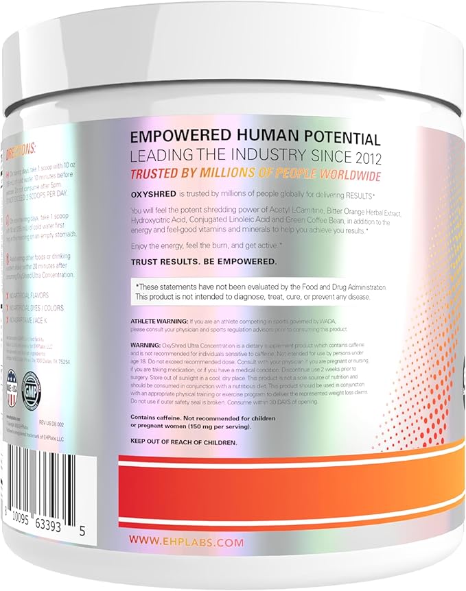 EHP Labs OxyShred Pre Workout Powder - Preworkout Powder with L Glutamine & Acetyl L Carnitine, Energy Boost Drink - Peach Mango, 60 Servings