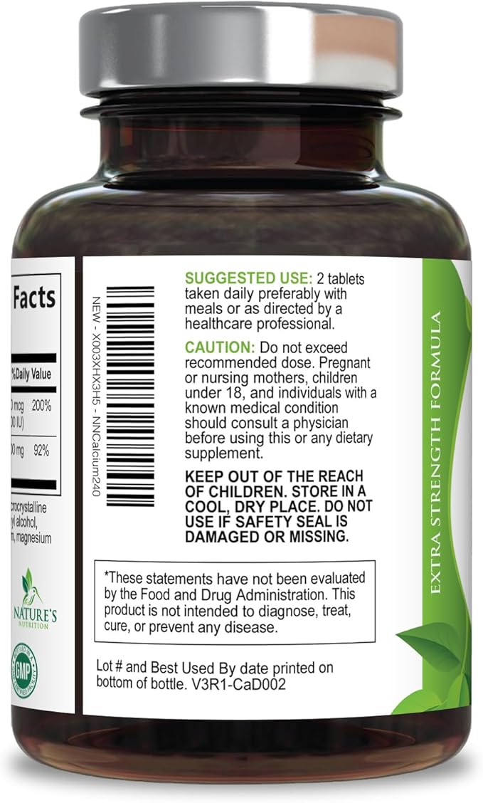 Calcium Supplement with Vitamin D3-1200 mg Calcium per Serving with D3 for Best Absorption - Supports Immune Health, Bones & Teeth - Nature's Calcium is Bottled in USA for Women & Men - 240 Tablets