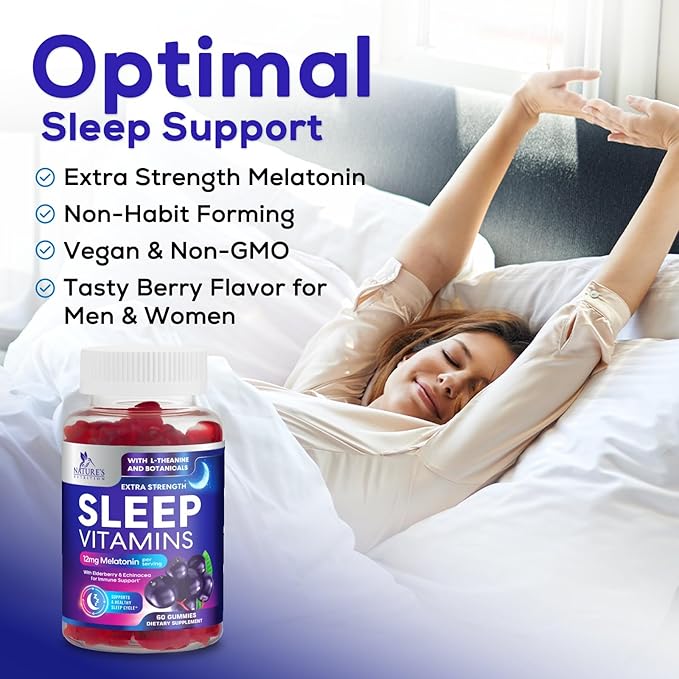 Sleep Gummies with Melatonin 12 mg Per Serving - Extra Strength Sleep Vitamin Gummy, Natural Melatonin Gummy, Occasional Sleep Support Supplement for Adults, Vegan, Gomitas para Dormir - 60 Gummies