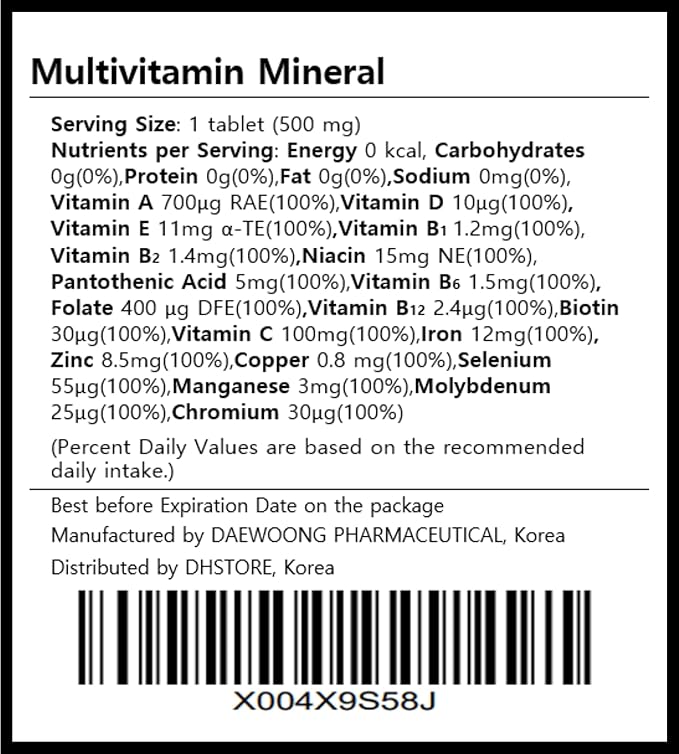 Daewoong Multivitamin Mineral, Korean Daily Multi Vitamin Supplement with 12 Vitamins and 7 Minerals, Once-Daily Tablet for Energy Support and Immune Function, 30-Day Supply