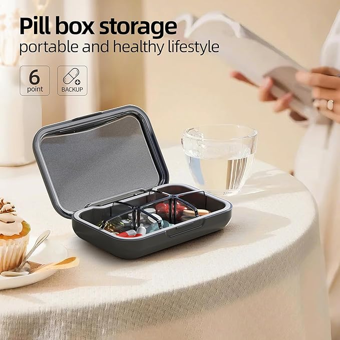 Portable Pill Box, Pill Organizer with 6 Compartments, Daily Medicine Pill Case, Pocket Size Pill Box for Travel, BPA Free Small Pill Container for Vitamins, Fish Oil, Supplements (Black)