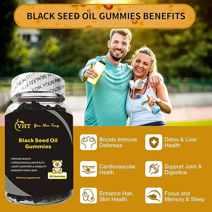 Eilin YHT Sativa Black Seed Oil Gummies 1000MG Immune System Joints Digestion Hair Skin Support Supplement 60 Counts