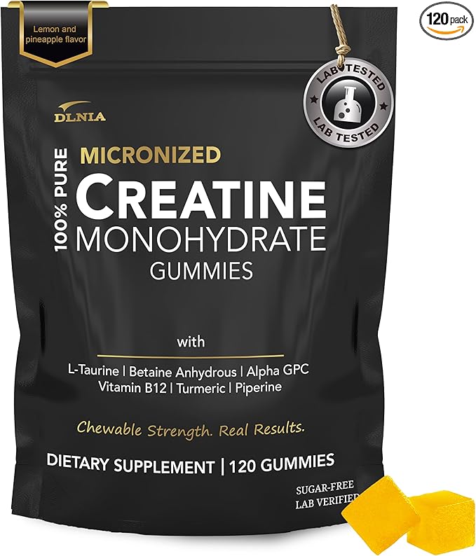 Creatine Monohydrate Gummies for Men & Women - Sugar Free & Vegan Advanced Formula W/L-Taurine + Vitamin B12 - for Muscle Strength, Muscles Builder, Recovery (120 Count (Pack of 1), Pineapple)