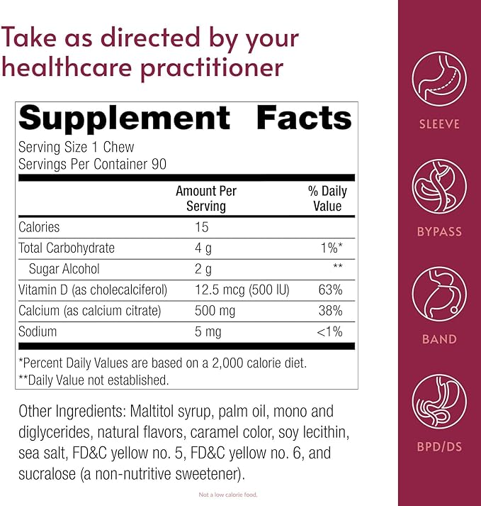 Bariatric Advantage Calcium Citrate Chewy Bites 500 mg - Highly Absorbable & Digestible - Vitamin D3 - Easily Chewable Calcium Supplement - Caramel Flavor - 90 Count