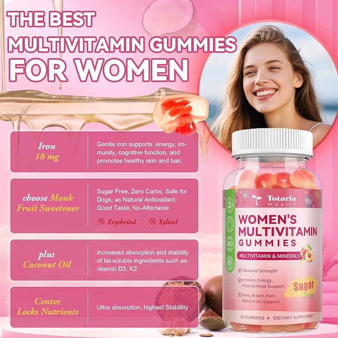 Totaria Sugar Free Multivitamin Gummies for Women 14+ w/Iron, Inositol, Folate, Biotin, Womens Daily Multivitamin Gummy w/Vitamin A, C, B, D3, K2, for Hair, Skin, Energy, Immune, Peach Flavor