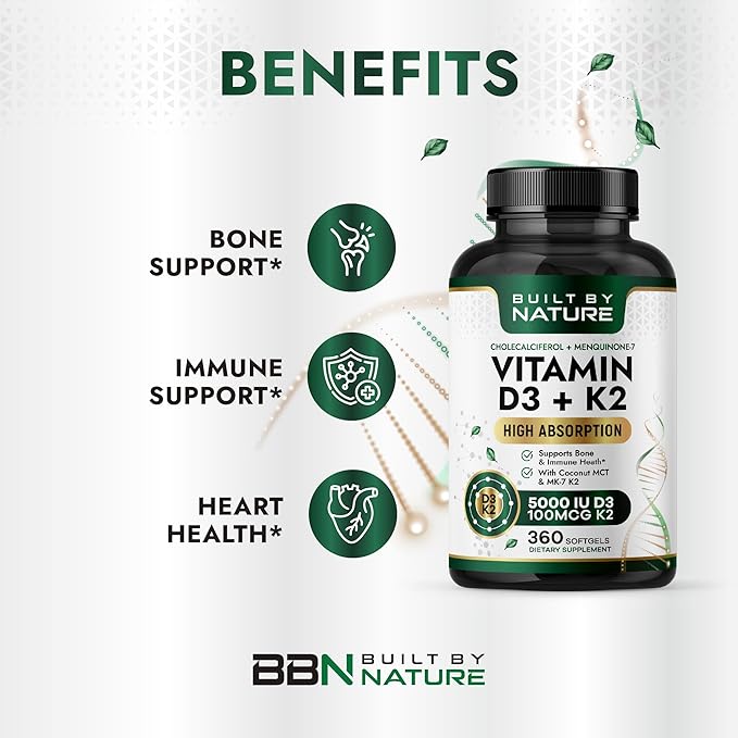 Built by Nature Vitamin D3 K2 5000 IU + 100 mcg MK-7 - Extra Strength, High Absorption - Bone, Heart & Immune Support - Coconut MCT Oil - Non-GMO – 1 Year Supply - 360 Softgels
