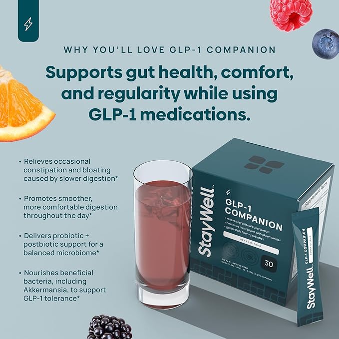GLP-1 Constipation Support | Digestive, Gut Discomfort GLP Symptom Relief | Akkermansia, Probiotic, Prebiotic Microbiome Support for Digestive Balance, Regularity & Bloating Relief - Berry Citrus 30ct