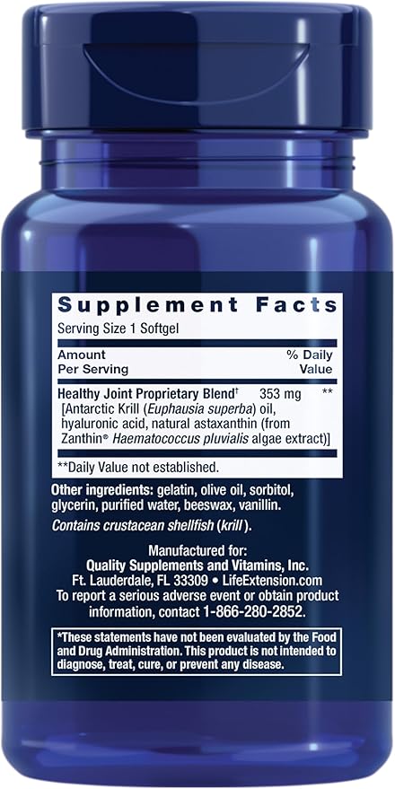 Life Extension Krill Healthy Joint Formula, Krill Oil, hyaluronic Acid, The carotenoid astaxanthin for Healthy Joints, Healthy Body, Gluten-Free, Non-GMO, 30 softgels