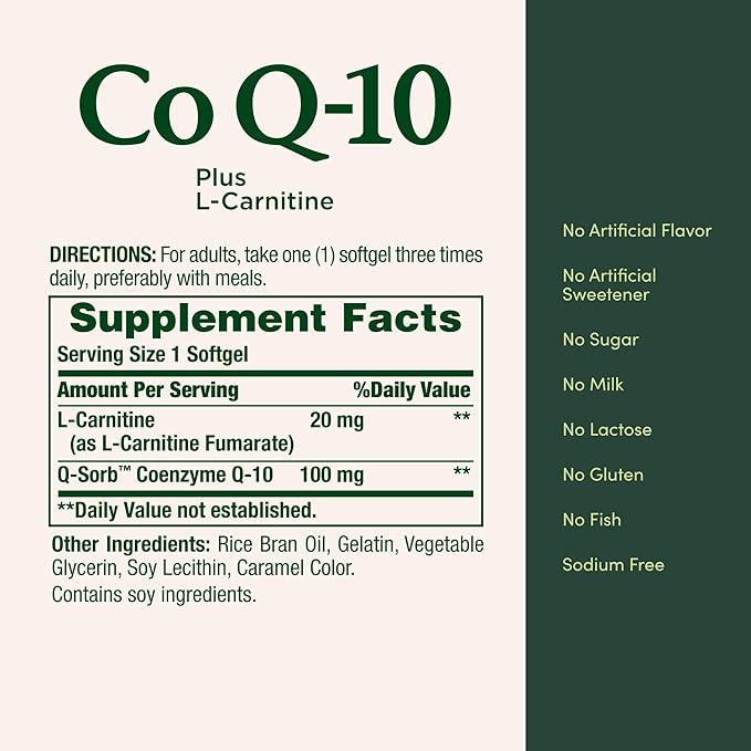 Nature's Bounty CoQ10, Dietary Supplement, Supports Heart Health, 100mg Plus L-Carnitine, Twin Pack, 120 Softgels
