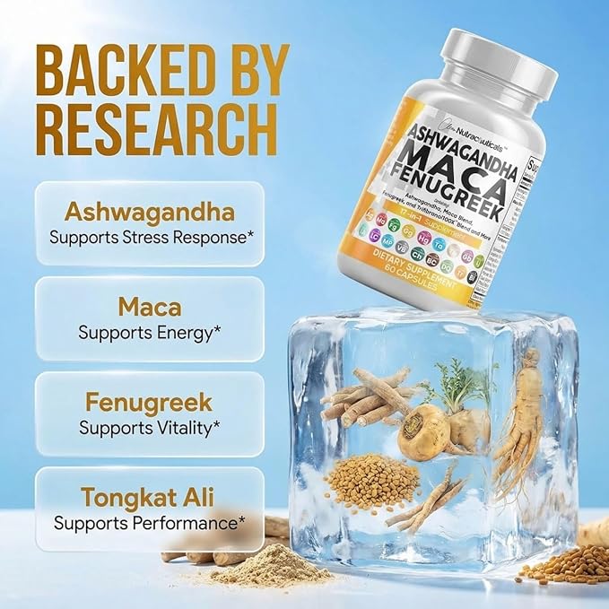 Clean Nutraceuticals Ashwagandha Maca Root Fenugreek Supplement with Tongkat Ali Ginseng - Assists with Stress, Mood & Thyroid - Ashwagandha Capsules Fenugreek Caps - 1 Pack