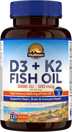 Vitalitown Vitamin D3 K2 with Fish Oil Omega-3 Supplements, 1000mg EPA DHA Omega 3 Fatty Acids from Fresh Wild Caught Fish, Support for Heart & Brain Health, 120 Softgels