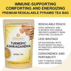 BREWIX, Turmeric Ashwagandha Herbal Tea (50 Pyramid Tea Bags) Adaptogenic Herbs for Stress & Mood Support | Evening Calm & Sleep Support | Real Ingredients From India, Caffeine Free & Naturally Gluten Free