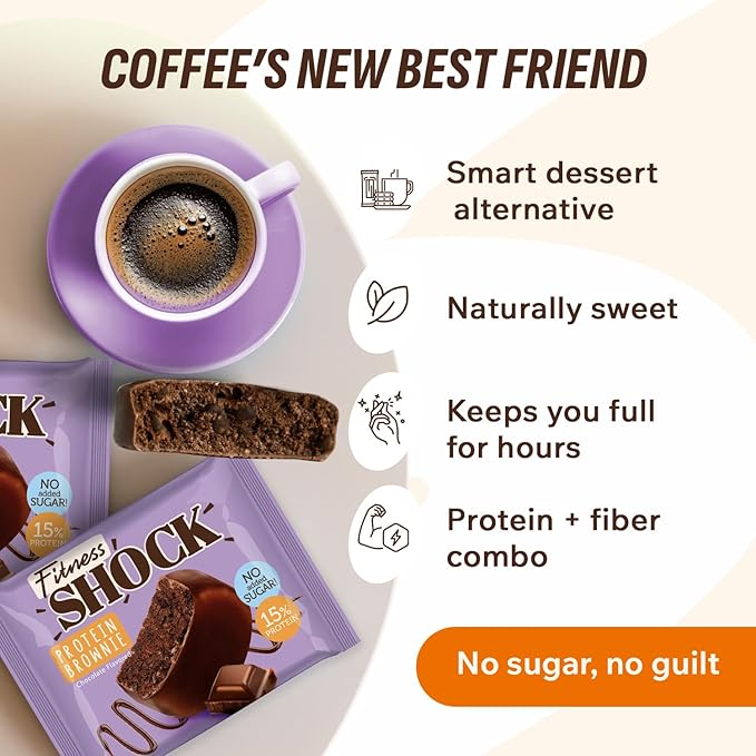 Fitness SHOCK Chocolate Protein Brownie - No Added Sugar, 7.5g Protein, Low Carb Guilt-Free Dessert - 0g Added Sugar, 10g Net Carbs, 5g Fiber, Non-GMO, Oat Bran - 10 x 50g