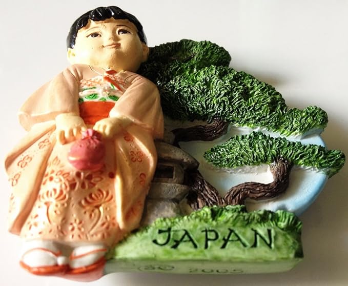 WitnyStore Tiny 2⅞" Kimono and Bonsai Japan Magnet - Miniature Hand Made Painted Resin 3D Asia Tourist Attractions Decorative Refrigerator Fridge Magnets Décor Collectible Traveler Souvenirs Gifts