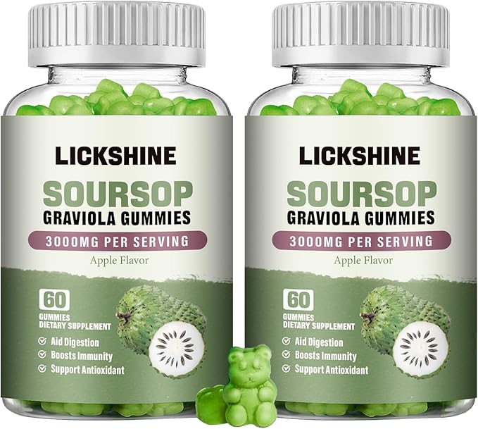 lickshine 2 Pack Soursop Graviola Gummies - 3000mg Extra Strength Soursop Leaves Supplement with Vitamin C, Zinc - Digestive Aid, Immune Support & Antioxidant - Sugar-Free, Non-GMO, Vegan, 120 Counts