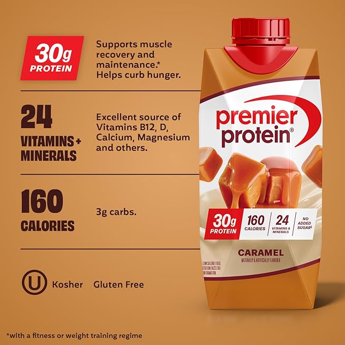 Premier Protein Shake, Caramel, 30g Protein, No Added Sugar, 24 Vitamins & Minerals to Support Immune Health, 11 fl oz, 4 Pack (Packaging May Vary)