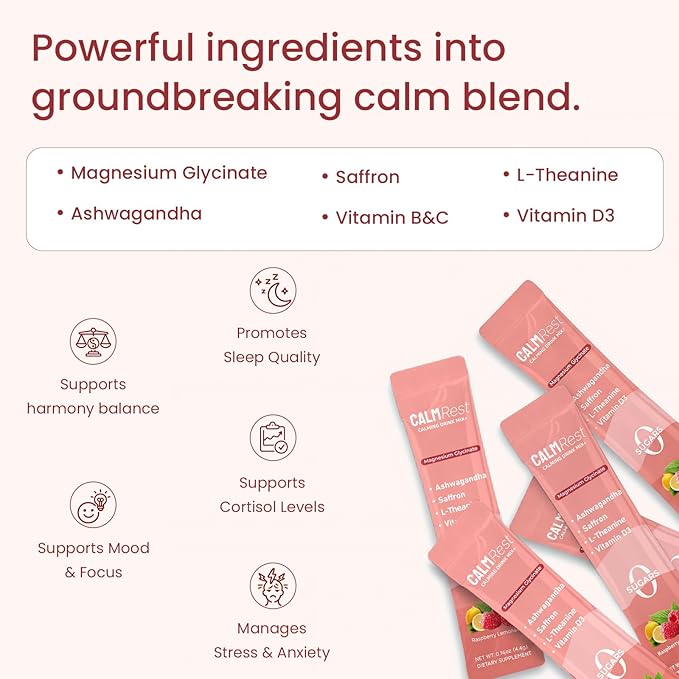 Calm Magnesium Powder Cortisol Supplement for Women, Supports Sleep, Stress Relief & Relax with Ashwagandha, Saffron, L Theanine, Vitamin D3, No Sugar, 15Ct, Raspberry Lemonade