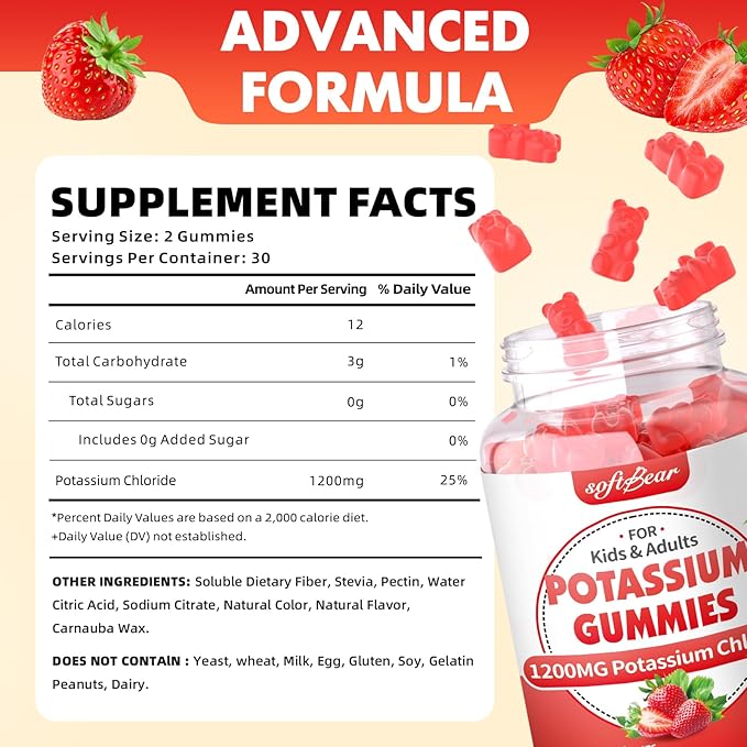 softbear Potassium Gummies for Adults, Sugar Free Potassium Chloride Gummies 1200mg Support Leg Cramps & Electrolyte Balance High Potency Potassium Supplement, Strawberry Flavor 120 Count