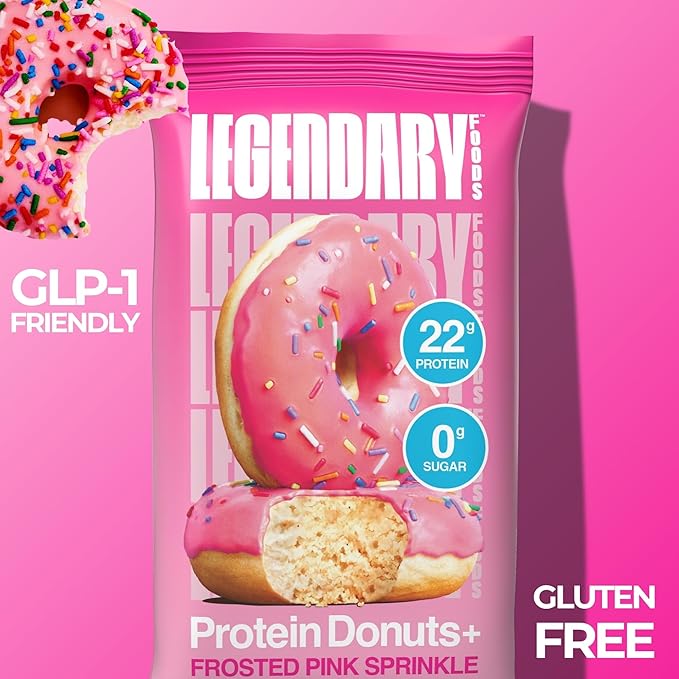 Legendary Foods Protein Donuts - 22g Protein, Pink Sprinkle, Zero Sugar Snack, Gluten Conscious, Low Carb, Keto Suitable, Diabetic and GLP-1 Diets - 8 Pack with Two Donuts per pack