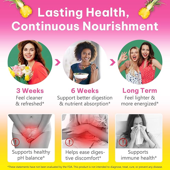 Feminine Probiotics Gummies with Slippery Elm | Pineapple Gummies for Women ph Balance, Vaginal Probiotics Supports Flora, Gut Health & Immune System, Prebiotics & Lactobacillus Blend | 60 Gummies