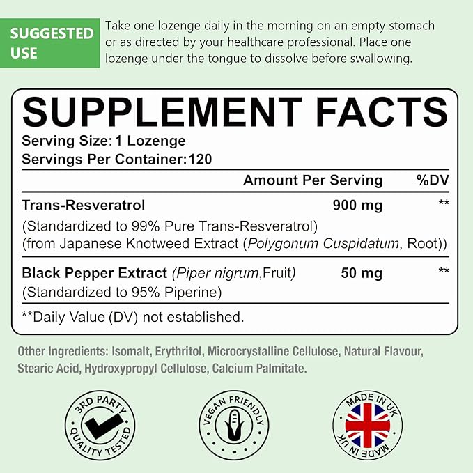 Sublingual Trans-Resveratrol Purity 99%, 3-in-1 Advanced Formula Resveratrol Supplement for Boost NAD+, Immune & Energy Support, Anti-Aging, Skin & Overall Health, 120 Lozenge (120-Day Supply)
