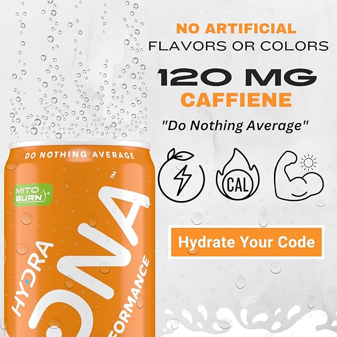 HYDRADNA- Clean Performance Drink, Zero Sugar | For Natural Fuel, Alertness, Boost, Stamina,120 mg Organic Caffeine, Natural Flavors, Zero Sucralose, Clean Ingredients (12 Pack) (12 Pack, Orange)