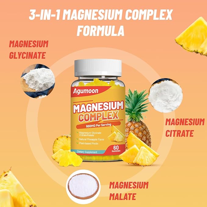 Magnesium Complex Gummies 800mg with Zinc & Vitamins B6, B12, C, D3, 120 Pineapple Gummies, High Absorption Glycinate, Citrate, Malate, Non-GMO, Gluten-Free