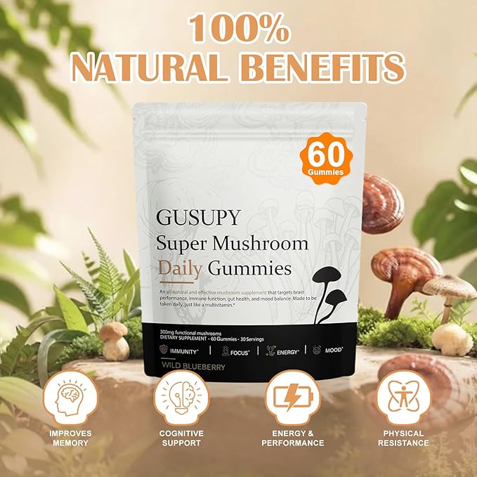 Lions Mane Mushroom Supplement Gummies - All-in-One Daily Mushroom Supplement Gummy, 12 Mushroom Blend Cordyceps, Chaga, Reishi, Herbal Brain Supplement for Cognitive, Memory & Focus,60 Gummies