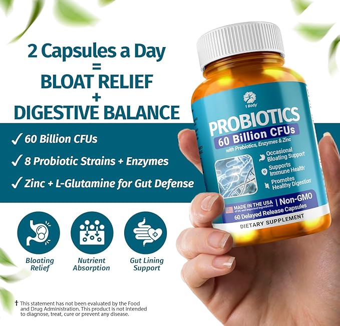 1 Body 60 Billion Probiotics for Men & Women, Gut Health for Men & Women with Prebiotics, Digestive Enzymes, Zinc & L-Glutamin, Non-GMO, 60 Vegan Digestive Probiotic Capsules