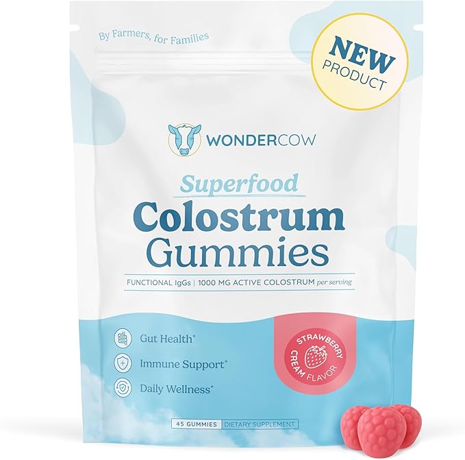 WONDERCOW Colostrum Gummies for Gut Health, Immune Support & Wellness | Natural IgG Whole Bovine Colostrum Supplement, 1,000mg per Serving (45 Gummies (15 Servings), Strawberry Cream)
