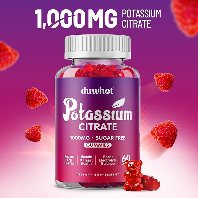 duwhot Potassium Citrate 1000mg Gummies, Potassium Supplement for Adults Women & Men, Support Leg Cramps & Muscle Health, 60 Chewables