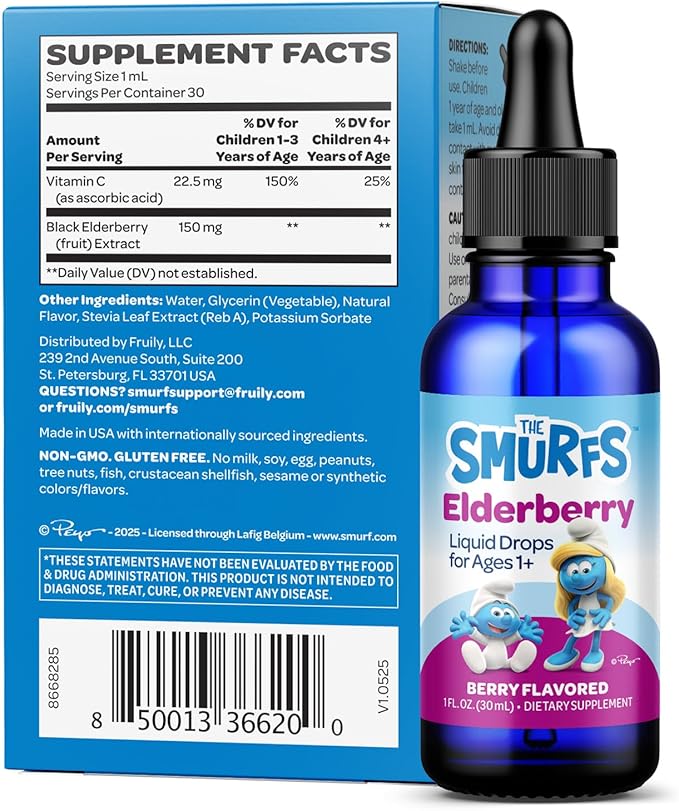 Smurfs Kids Elderberry Drops | Liquid Vitamin C and Elderberry for Kids Immune Support | Ages 1 & Up | Vegan Non-GMO & No Artificial Flavors or Colors | No Added Sugar | Berry Flavor | 30 Servings