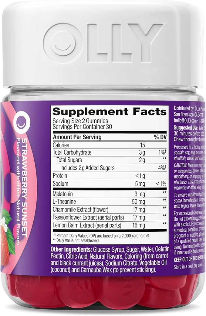 OLLY Sleep Gummy, 3 mg Melatonin, L-Theanine, Chamomile, Lemon Balm, Sleep Aid, Strawberry, 60 Count