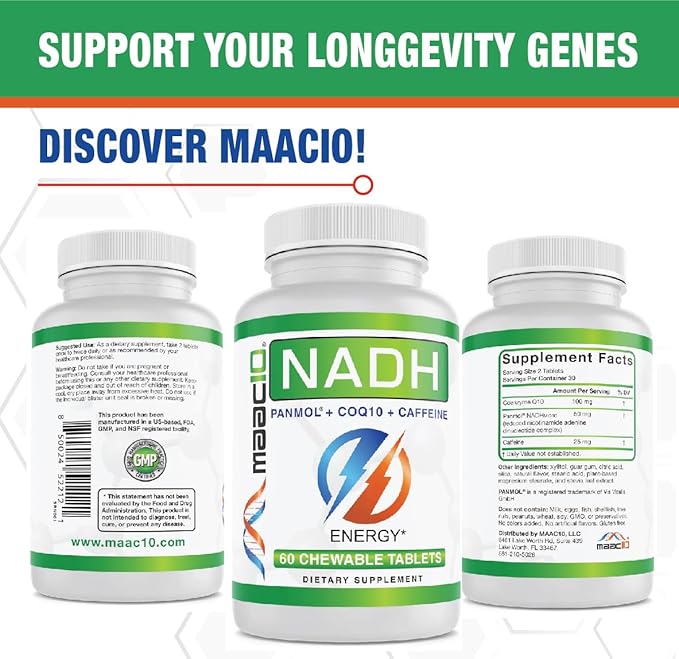 MAAC10 Energy Booster - with NADH, Caffeine & Coq10 Fast Acting Chewable Tablets - Great for Fatigue, Energy & Mental Focus.
